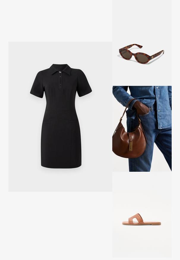 Musta mekko kauluksella, lyhyet hihat ja edessä vetoketju. Sisältää kaksi etutaskua ja muotoillun siluetin. Sileä rakenne.; Ruskean nahkakengät, joissa on avonainen varvasosa, leveä hihna leikatuilla yksityiskohdilla, litteä pohja ja sileä pinta.; Kilpikonnakuosiset aurinkolasit pyöreillä sangoilla, tummat linssit ja kultaiset logodetaljit sangoissa. Sujuva muovimateriaali, ei näkyviä kuvioita.; Ruskea nahkainen hobo laukku pyöreällä muotoilulla, jossa on kultaiset yksityiskohdat ja kontrastiväriommeltu. Yhdistetty farkkupaitaan ja farkkuihin.