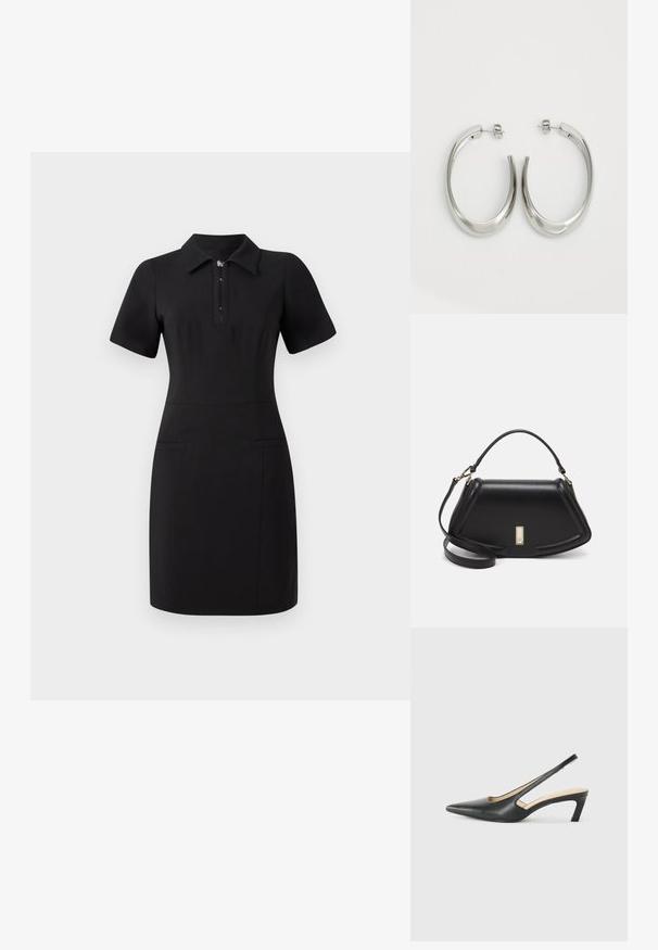 Mustmustärniga kleit kraega, lühikeste varrukatega ja esi tõmblukuga. Omab kahte esikotti ja nappi lõiget. Sile tekstuur.; Must mustaga, terav varvas, madala kontsaga sildiga king, mis on valmistatud siledast nahast ja mille küljel on lõike disain hingavuse tagamiseks.; Must mustrist käekott, millel on struktureeritud disain, lühendatud kuju, ülemine käepide ja kuldne metallist detail. Reguleeritav õlalihm on kaasas.; Hõbe rõngas kõrvarõngad, millel on sujuv ja kõver kuju. Omab läikivat metallist viimistlust ja nupuga sulgemist. Pole nähtavaid mustreid ega aksessuaare.