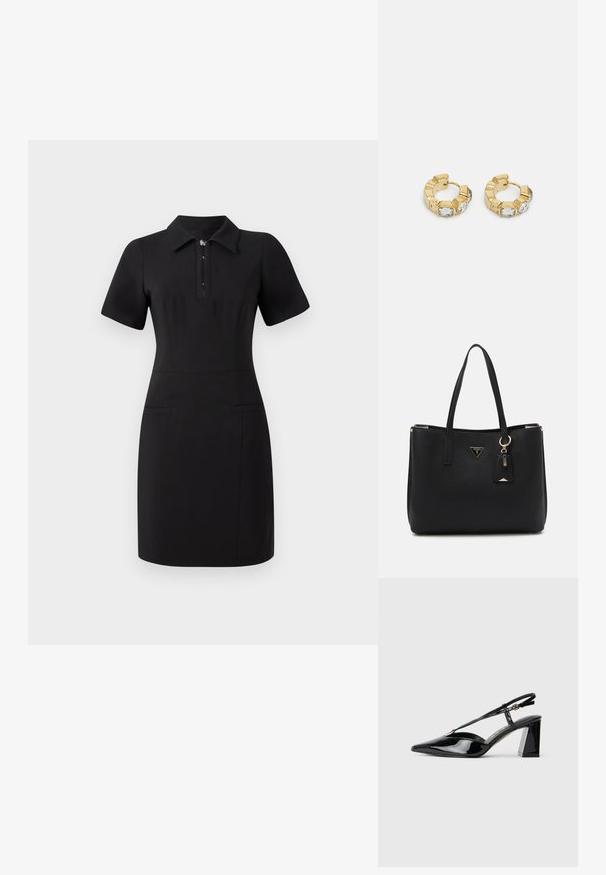 Vestido preto com gola, mangas curtas e fecho frontal. Apresenta dois bolsos frontais e uma silhueta ajustada. Textura suave.; Sapatos de salto alto em couro verniz preto, com biqueira pontiaguda, tira ajustável e salto retangular robusto.; Mala tote preta feita de material sintético texturizado, com duas alças, uma placa de logótipo dourada e uma etiqueta pequena com um detalhe em acento.; Brincos de argola dourados com um design texturizado e três cristais transparentes em um lado, oferecendo uma estética geométrica moderna.