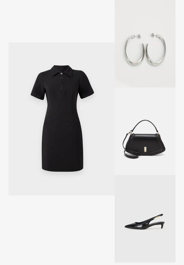 Črna obleka s ovratnikom, kratkimi rokavi in sprednjim zadrgo. Ima dve sprednji žepki in prilegajoč silhuet. Gladka tekstura.; Črne usnjene sandale na peto z ostro konico, ki imajo tanko peto in zlat ton na nastavljivem traku. Gladka tekstura.; Črna usnjena torbica s strukturnim dizajnom, ki ima skrajšano obliko, zgornji ročaj in zlate dodatke. Vključena je nastavljiva ramenska naramnica.; Srebrni uhani v obliki obroča z gladkim, ukrivljenim oblikovanjem. Imajo sijajno kovinsko površino in zapiranje na žebljiček. Brez vidnih vzorcev ali dodatkov.