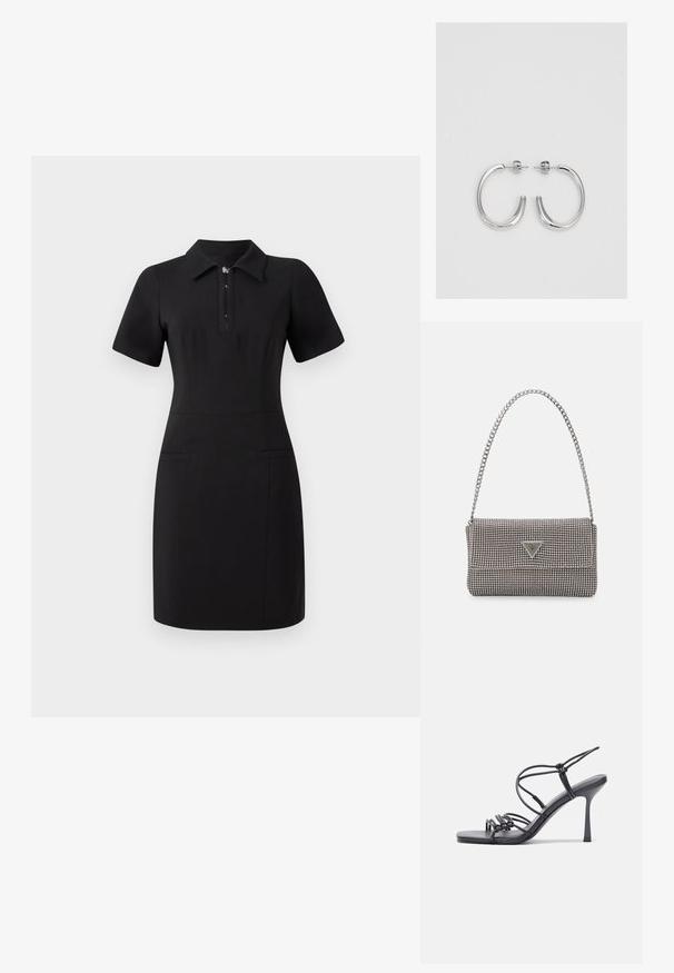 Fekete ruha galléros nyakkal, rövid ujjakkal és elülső cipzárral. Két elülső zsebbel és testhezálló fazonnal rendelkezik. Simaság jellemzi.; Fekete magas sarkú szandálok vékony pántokkal, csomózott mintával, sima négyzetes orral és karcsú stiletto sarkal rendelkeznek.; Világosszürke fémes kézitáska lánc pánttal, kis kör alakú fém kifinomult díszítéssel és háromszög alakú márkagéppel.; Ezüst karika fülbevalók sima, fényes felülettel. Lekerekített forma, könnyű kialakítással, tűs zárómechanizmussal.