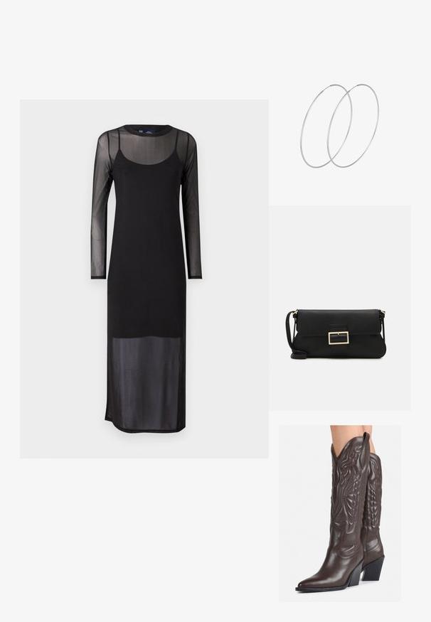 Melnas garām piedurknēm kleita ar caurspīdīgu mežģīņu virsū, ar apaļu kakla izgriezumu un slaidu piegriezumu, sasniedzot vidus teļa garumu.; Brūni ādas kovboju zābaki ar norādītu purngalu un blokveida papēdi, ar detalizētu šūšanu un paceltiem akcentiem uz kājas daļas.; Melnas ādas saķeres soma ar atloku un zelta metāla sprādzi. Ietver melnu siksnu un elegantu, minimālistisku dizainu.; Sudraba gredzenveida auskari ar minimālistisku dizainu. Cirkulāra forma, gluda tekstūra un plāns profils. Vieglu svaru ar spīdīgu apdari.