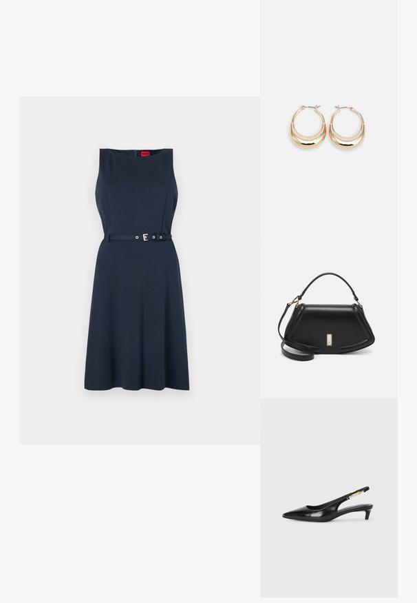 Rochie fără mâneci de culoare bleumarin, cu un corset ajustat și fustă evazată, având o talie cu curea și detalii din argint, precum și un închidere cu fermoar la spate.; Sandale slingback din piele neagră cu vârf ascuțit, având un toc subțire și un accent de culoare aurie pe curea ajustabilă. Textură netedă.; Geantă de umăr din piele neagră, cu un design structurat, având o formă tăiată, mânere superioare și accente din aur. Include o curea de umăr ajustabilă.; Cercei tip hoop cu tonuri de aur, în formă de semilună, cu suprafață lustruită și închidere cu balama. Textură netedă și finisaj reflectant care îmbunătățesc vizibilitatea.