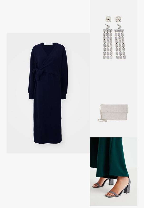 Jūrinės spalvos apvalios suknelės, pagamintos iš minkštos medžiagos, su ilgomis rankovėmis, raišteliu liemens vietoje ir vidutinio ilgio dizainu. Lygi tekstūra, v-kaklas.; Sidabriniai blizgūs blokiniai kulniukai su dviem plonomis dirželių ir kvadratuoto piršto dizainu. Pora tamsiai žalia ilgai suknelė.; Sidabrinė tinklelio rankinė su tekstūruotu, austu dizainu, turinti užlenkiamą atvartą ir nuimamą grandinėlę nešimui.; Kristaliniai auskarai su sidabro atspalvio detalėmis, su kvadratiniu auskaru ir kaskadinėmis stačiakampių bei aštuonkampių kristalų eilėmis.