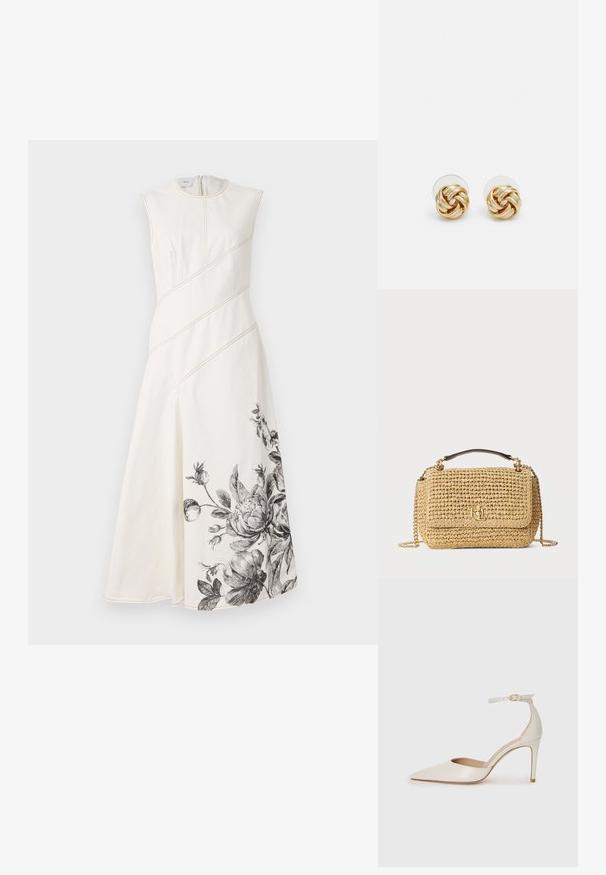 Valge ilma varrukateta kleit diagonaalsete õmblustega, vöödiga ja musta lilleprindiga detailiga hemme. Sile, tekstuuriga kangas.; Valgete nahast kõrge kontsaga kingad, terava varbaga, ankle strapiga ja kitsaste stiletto kontsadega. Sile tekstuur koos peene läikega.; Kootud heksli käekott looduslikus beežis. Omab kuldset logo, ahelrihma ja pruuni ülemist käepidet. Ristkülikukujuline, flapi sulgemisega.; Kuldse tooni sõlm kõrvarõngad, millel on keeratud disain. Igal kõrvarõngal on ringikujuline läbipaistev tagaosa, mis tagab kindla kandmise.