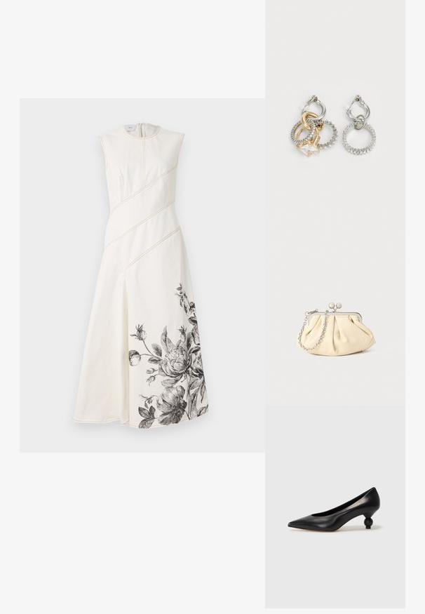 Balta be rankovių suknelė su įstrižais siūlais, paryškinta liemeniu ir juoda gėlių raštu apdaila prie apvado. Lygi, tekstūruota medžiaga.; Juoda odinė aukštakulnė bateliai su smailiu pirštu ir apvaliu, iškiliu kulnu. Lygus paviršius su elegantišku, minimalistiniu dizainu.; Plyšiniai smėlio spalvos odiniai rankinukai su sidabriniu metaliniu rėmu, turintys du apvalius dekoratyvinius užtrauktukus ir sidabrinę grandinėlę.; Auksinės ir sidabrinės žiedinės auskarai su persipynusiais žiedais, puošti skaidriu kubiniu cirkoniu ir tekstūruotu juostele ant vieno žiedo.