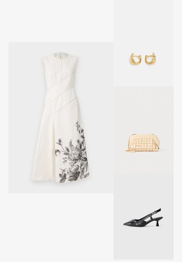 Valkoinen olkaimeton mekko, jossa on viistosti ommeltu sauma, kapeahko vyötärölinja ja musta kukkakoristelu helman kohdalla. Sileä, teksturoitu kangas.; Mustat nahkakengät, joissa on avonainen takaosa ja kärjessä terävä muoto, koristevyöt, joissa on metalliset reiät, sekä matala lohkoepohja. Teksturoitu pinta.; Kudottu beige käsilaukku, jonka rakenne on selkeä. Laukussa on sileä päälliosa ja pitkä hihna. Kankaan viimeistely parantaa kokonaisilmettä.; Kulta renkaat korvakorut, joissa on sileä, pyöreä muoto ja kiiltävä pinta. Korvakoruilla on kompakti, tukeva muoto ja saumaton lukko.