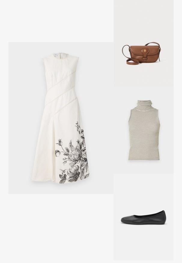 Biała sukienka bez rękawów z ukośnymi szwami, wcięciem w talii i czarnym kwiatowym wzorem na końcu. Gładki, teksturowany materiał.; Bez rękawów top w golf z pionowymi czarno-białymi paskami, wykonany z teksturowanej dzianiny, z wysokim, dopasowanym kołnierzem.; Czarne skórzane baletki z zaokrąglonym noskiem, gładką fakturą, minimalnymi przeszyciami i elastycznym designem podeszwy.; Brązowa skórzana torba na ramię z zaokrąglonym klapą, złotym okuciem i dekoracyjnym logo. Pasek jest regulowany i ma gładką fakturę.