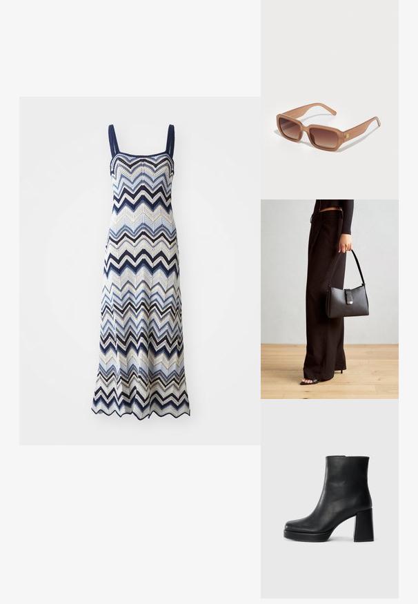 Pletené šaty s zigzagovým vzorem v námořnické modré, modré, krémové a černé barvě. Čtvercový výstřih, tenké ramínka a rozšířený lem.; Černý kožený kotníkový bot s blokovým podpatkem a platformou, viděný z boku na jednoduchém bílém pozadí.; Hnědé obdélníkové sluneční brýle s gradientovými skly, silnými rámy a logem na bocích. Hladký plastový materiál, minimalistický design.; Černá kabelka se strukturovaným tvarem, hladkým povrchem a kovovým uzávěrem. Kombinována s širokými černými kalhotami a sandály s otevřenou špičkou na dřevěné podlaze.