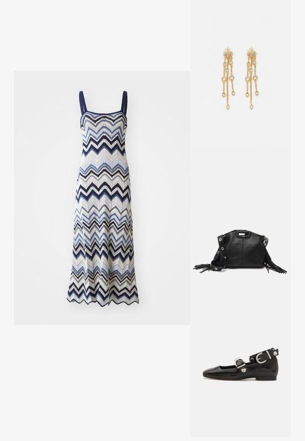 Pleteni plašč z zigzag vzorcem v mornarsko modri, modri, kremni in črni barvi. Kvadratni izrez, tanke naramnice in razširjen rob.; Črne lakaste balerinke s kvadratnim prstom, trakovi okrog gležnja z zlatimi dodatki in ravnim podplatom. Gladka tekstura z minimalističnim dizajnom.; Maje MISS MINI - Torba čez telo - noir; Zlato-tonirane uhane z več kaskadnimi verigami, ki vključujejo prozorne ovalne kamenčke in okrasne zgornje dele.
