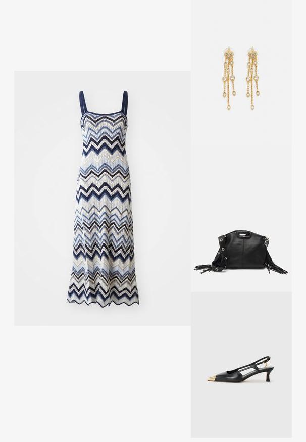 Abito lavorato a maglia con motivo a zigzag in navy, blu, crema e nero. Scollo quadrato, spalline sottili e orlo svasato.; Scarpe slingback in pelle nera con punta affusolata e tacco metallico dorato. Presentano un design con ritagli e un tacco sottile con cinturino regolabile.; Maje MISS MINI - Borsa a tracolla - noir; Orecchini dorati con molteplici catene a cascata, dotati di accenti in strass ovali trasparenti e parte superiore decorativa a perno.