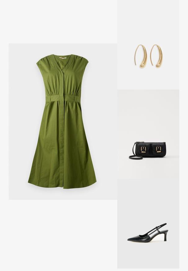 Grønt bomullskjole med v-hals, kappe-ermer, elastisk midje og vide skjørt. Glatt tekstur, knelengde, og uten mønstre.; Sorte patent slingback hæl med spids tå, featuring tekstureret slangeskind, justerbar rem og en kort, tekstureret blokhæl.; Svart skinn crossbody veske med to frontlommer, gyldne spenner, glidelåslukking og en slank stropp. Teksturert overflate og kompakt rektangulær form.; Gullfargede metalløredobber med en buet, forlenget form. Har en jevn, blank overflate og en avrundet tupp for ekstra detaljer.