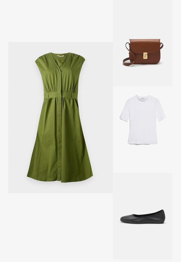 Žalia medvilninė suknelė su V formos iškirpte, trumpomis rankovėmis, elastine juosmena ir platėjančia suknele. Lyc tipo audinys, iki kelių ilgio, be raštų.; Balta trumpa rankovėmis marškinėliai, pagaminti iš pasiruošusio audinio. Apvali iškirptė, reguliari tinkamumas ir subtilūs siuvimo detalės. Be raštų ar grafikos.; Juodai odiniai baletai su apvaliu pirštu, lygi texture, minimalus siuvimo detales ir lanksčiu padų dizainu.; Ruda odinė rankinė su uždaromu dangteliu, aukso spalvos detalėmis, petneša ir lygiu paviršiumi. Kompaktiška stačiakampio formos.