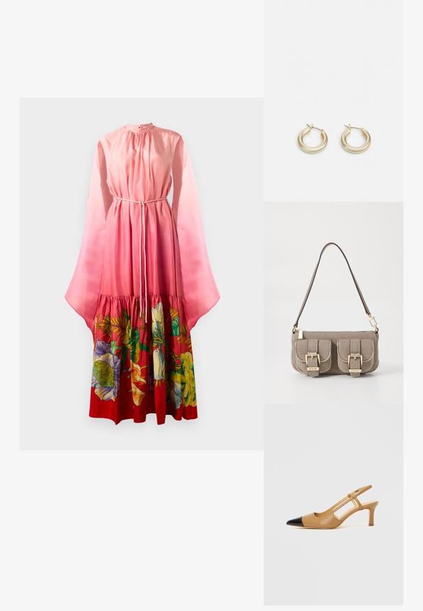 Dolga roza obleka z prosojnimi zvončastimi rokavi, vrvico za nastavitev pasu in cvetličnim vzorcem v živahnih barvah na robu. Gladek material.; Tan barvne pete z zaprto peto v črni barvi s koničastim robom, ki imajo izrezane stranice in srednje visoko blok peto. Gladek usnjen material.; Bežna teksturirana torba z nastavljivim trakom, z dvema sprednjima žepoma, zaklenjenima s sponkami, ter z zlatimi kovinskimi dodatki. Zadrga na vrhu.; Lauren Ralph Lauren BASIC SMALL HOOP - Uhani - gold-coloured