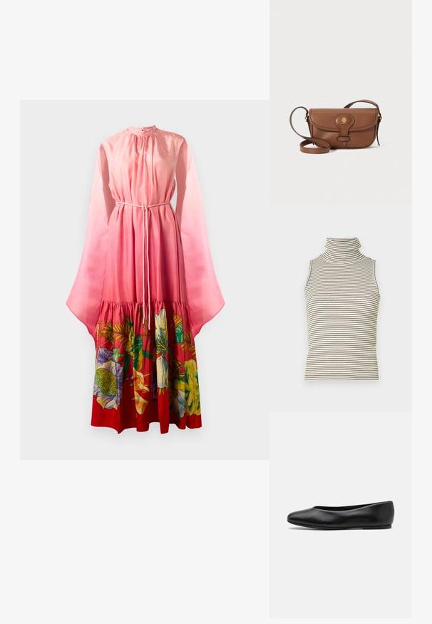 Dlouhá růžová šaty s průsvitnými zvonovými rukávy, stahovacími šňůrkami v pase a květinovým vzorem v živých barvách na lemu. Hladká textura.; Top bez rukávů s vysokým, těsným rolákem a vertikálními černobílými pruhy, vyrobený z texturované pleteniny.; Paul Smith TOPANGA - Klasické baleríny - black; Hnědá kožená crossbody taška s zakulaceným klopou, zlatými kovovými prvky a dekorativním logem. Popruh je nastavitelný a má hladkou texturu.