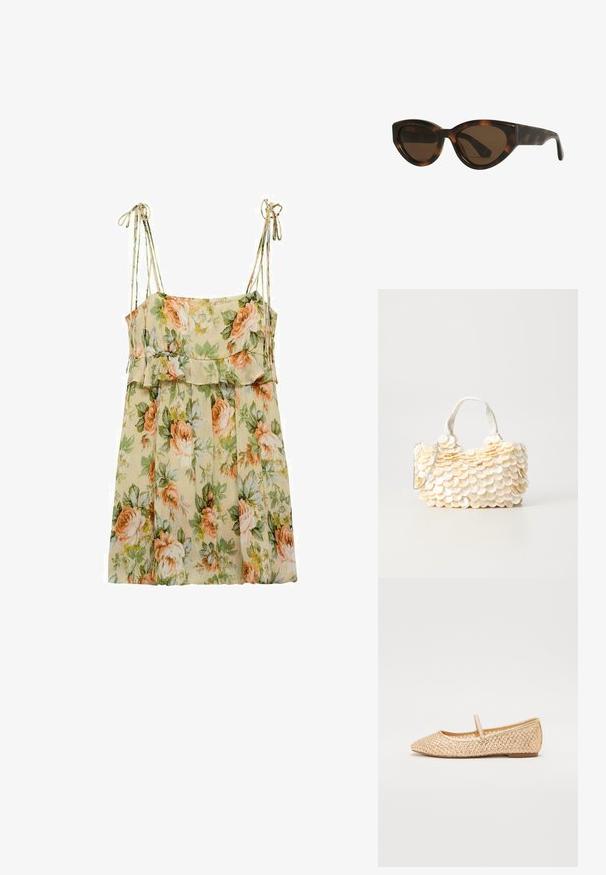 Abito estivo floreale in beige chiaro con rose pesca e verdi. Presenta sottili spalline, una vita arricciata e una vestibilità fluida e morbida.; Ballerine in oro intrecciate con punta appuntita, suola piatta e una fascia sopra il piede. Presentano motivi testurizzati sul materiale superiore.; Occhiali da sole a forma di cat-eye con montatura tartarugata e lenti marroni, dotati di una struttura in plastica liscia e lucida e un design elegante. Senza loghi o dettagli visibili.; Pochette bianca con decorazioni testurizzate a forma di conchiglia scallop. Presenta un manico intrecciato e una tracolla in catena argentata per maggiore versatilità.