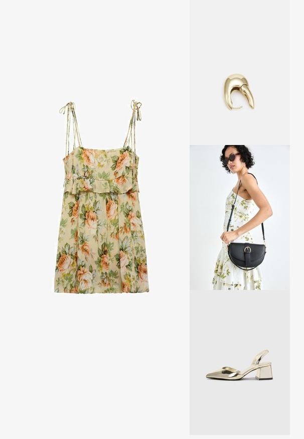 Kvetinové letné šaty v svetlo béžovej farbe s broskyňovými a zelenými ružami. Majú tenké ramienka, volánkový pás a voľný, splývavý strih.; Zlaté kovové lodičky na podpätku so špicatou špičkou a robustným podpätkom. Hladký povrch, minimalistický dizajn a úzka remienok.; Čierna kožená kabelka s zaobleným tvarom, odnímateľným popruhom a zlatými doplnkami. Kabelka má klopu s detailom s prackou.; Náušnice z kovu v zlatej farbe s elegantným, zakriveným dizajnom. Majú charakteristický špicatý tvar, leštený povrch a uzáver na pánt.