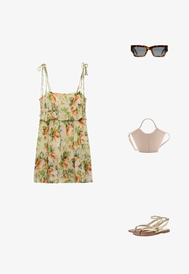 Blommig sommarklänning i ljusbeige med persikofärgade och gröna rosor. Har tunna axelband, en volangmidja och en flödande, lös passform.; Guldmetalliska remsandaler med platt sula, med tånopp och ankelsnodd med justerbar spänne. Slät läderfinish.; Sköldpaddsmönstrade solglasögon med kantiga bågar, grå linser och en mjuk yta. Har en djärv geometrisk design och tjocka skalmar.; Beige läderhandväska med en unik form, med två korta handtag och ett långt justerbart axelband. Slät textur med minimal hårdvara.