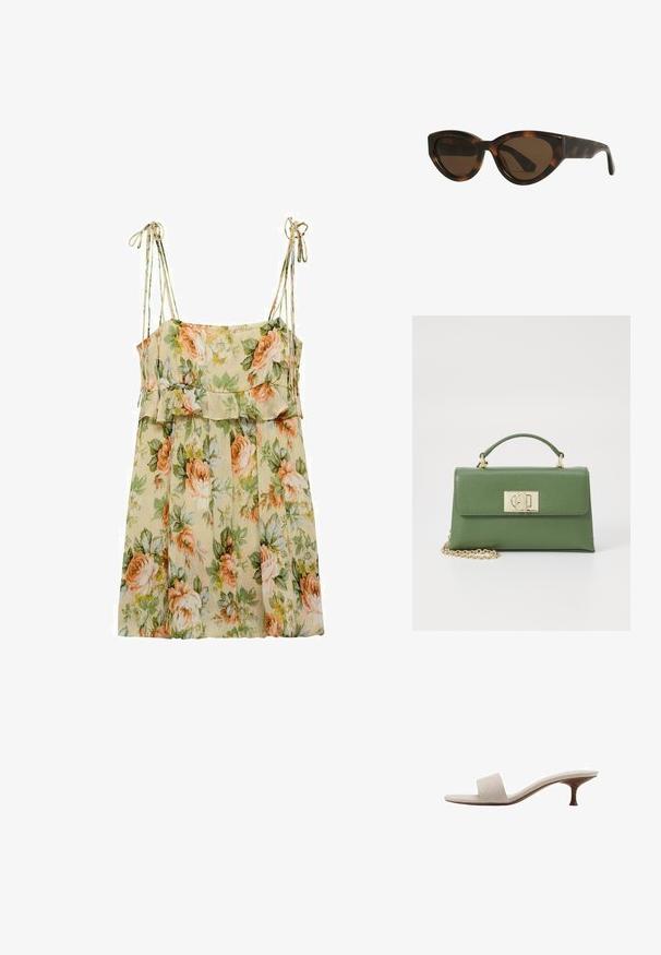 Bloemige zomerjurk in lichtbeige met perzik- en groene rozen. Heeft dunne schouderbandjes, een gerimpelde taille en een vloeiende, losse pasvorm.; Hiel-loze sandaal met een beige geweven stoffen bovenwerk, open teen en een gebogen houten tussenzool. Het ontwerp heeft een gladde textuur en een minimalistische vorm.; schildpad kattenoog zonnebril met bruine lenzen, voorzien van gladde, glanzende kunststof monturen en een slank ontwerp. Geen zichtbare logo's of accenten.; Groene leren handtas met een gestructureerde vorm, gouden hardware, een bovenhandvat en een afneembare kettingstrap. Textuur oppervlak met een flapsluiting.; Haarclip met een witte basis, gouden accenten en zes parelachtige versieringen. Beschikt over gebogen, golvende tanden voor een stevige grip.