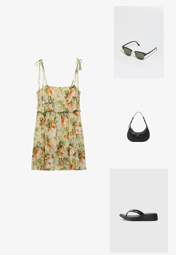 Blommig sommarklänning i ljusbeige med persikofärgade och gröna rosor. Har tunna axelband, en volangmidja och en flödande, lös passform.; Svart flip-flop med gummiremmar och texturerad sula. Funktioner en lätt plattform och formad design för komfort. Varumärkesnamn präglat.; Svarta och gyllene solglasögon med gröna linser, med en kattögaform, metalliska detaljer och en texturerad ram.; Svart läder axelväska med en böjd form, präglat mönster och justerbar rem. Släta och strukturerade ytor med detaljer i silver.