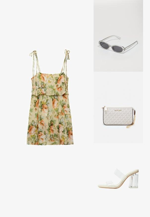 Květinové letní šaty ve světle béžové barvě s broskvovými a zelenými růžemi. Mají tenké ramínka, nařasený pas a volný, splývavý střih.; Sandály s průhlednými podpatky, které mají průhledné popruhy, béžovou stélku a masivní průhledný blokový podpatek. Elegantní a hladký design s minimálním estetickým pojetím.; Sluneční brýle s oválným tvarem, průhledným plastovým rámem, tmavě šedými skly a tenkými průhlednými stranami s akcenty loga a minimálními detaily.; Kabelka na zápěstí Michael Kors v béžové potažené plátno s opakujícím se vzorem loga MK, zlatými kovovými doplňky a odnímatelným řetízkovým popruhem.