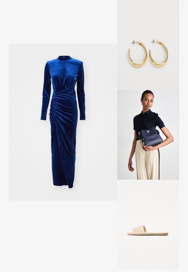 Minkšto aksomo mėlyna suknelė su ilgomis rankovėmis, aukštu kaklu ir susisukimo priekyje detalėmis; pasižymi grindų ilgio siluetu ir šiek tiek krentančia medžiaga.; Smėlio spalvos šlepetės su plačiu dirželiu, kuriame yra siuvinėtas logotipas. Lygus padas ir glotni tekstūra, skirtos kasdieniam dėvėjimui.; Tamsiai mėlynas odinis rankinukas su tekstūruotu paviršiumi, sidabriniais aksesuarais ir paprastu užsegimu. Modelis laiko jį prieš neutralią foną.; Auksinės spalvos apyrankės auskarai su glotnia, kreiva forma. Pagaminti iš metalo, turintys elegantišką apdailą ir užsegimą su smeigėle.