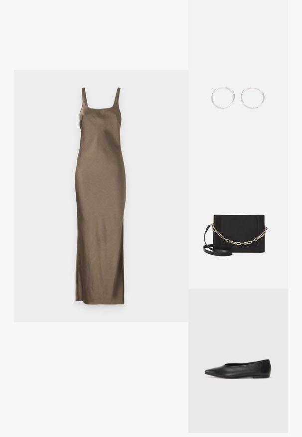 Rudos satino slip suknelė su plonais petnešėlėmis, tiesiai apačioje ir šoniniu įkirtimu, demonstruojanti lygų, blizgantį paviršių.; Juodas odinis baleto batas, su smailiu pirštu, minimalistinio dizaino, lygiu paviršiumi, žemo profilio kulnu, be matomos aparatūros ar papuošimų.; Juodas odinis per petį nešiojamas krepšys turi lygų paviršių, stačiakampio formą ir metalinę grandinėlę priekyje. Pridedama reguliuojama dirželis.; Sidabrinės auskarai žiedai su sėslia, apvalia forma, pasižymintys lygia paviršiumi ir be matomų puošmenų. Svoris nenurodytas.