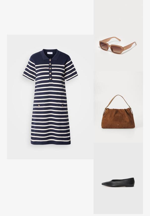 Robe polo rayée bleu marine et blanche avec des manches courtes, plastron à cinq boutons dorés, et deux poches avant avec des accents dorés.; Ballerines noires en cuir, à bout pointu, design minimaliste, texture lisse, talon bas, sans matériel ni embellissements visibles.; Lunettes de soleil rectangulaires brunes avec des verres dégradés, des montures épaisses et un détail de logo sur le côté. Matériau en plastique lisse, design minimaliste.; Sac à main en daim marron avec un design plissé, arborant une seule sangle en cuir beige et un discret logo doré à l'avant.