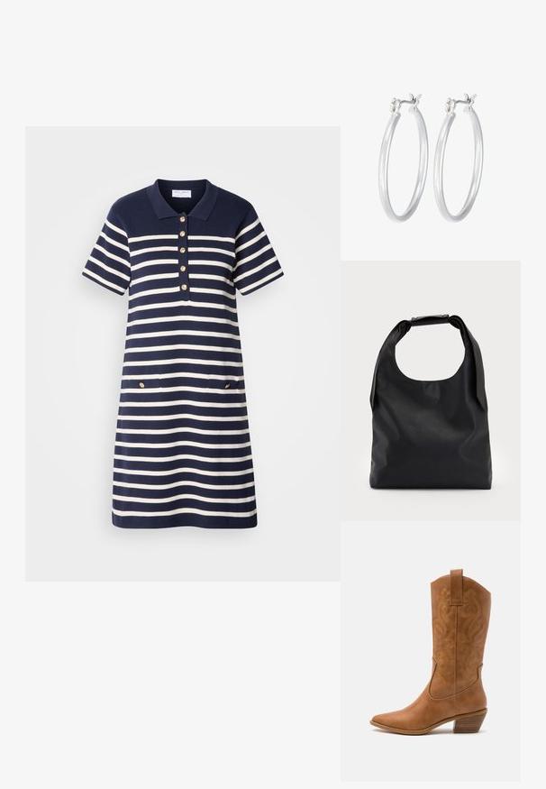 Námornícky a biely pruhovaný polo šaty s krátkymi rukávmi, placket s piatimi zlatými gombíkmi a dvoma prednými vreckami so zlatými akcentami.; Hnedé kožené kovbojské topánky s špicatou špičkou, vyšívanými vírivkami na štýle a blokovým podpätkom. Obsahuje praktický pútko na ľahké obúvanie.; Čierna kožená hobo taška s jedným mäkkým, zaobleným uchom; má hladkú textúru a minimalistický dizajn. Žiadne viditeľné kovanie ani akcenty.; Strieborné kruhové náušnice s hladkým, lesklým povrchom. Kolový tvar a bezpečné klikanie na uzatváranie. Ľahký dizajn vhodný na každodenné nosenie.