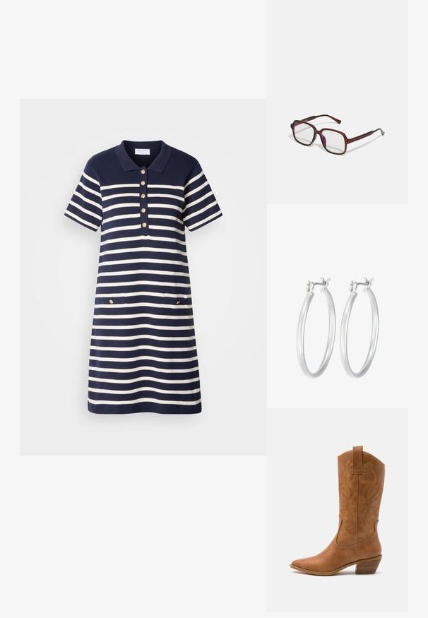 Mornarsko modra in bela črtasta polo obleka s kratkimi rokavi, peti zlatimi gumbi, in dvema sprednjima žepoma z zlatimi detajli.; Rjavi usnjeni kauboj čevlji s koničastim nosom, vezenimi vijugastimi vzorci na zgornjem delu in zloženim kvadratnim peto. Imajo zanko za enostavno obuvanje.; Rjave, pravokotne očala z prosojnimi lečami in vijoličnimi odtenki. Gladek plastičen okvir z ravnimi steblami in subtilnimi detajli.; Srebrni obroči za ušesa z gladko, polirano površino. Okrogla oblika in varna zaponka s klikom. Lahka zasnova, primerna za vsakodnevno nošenje.