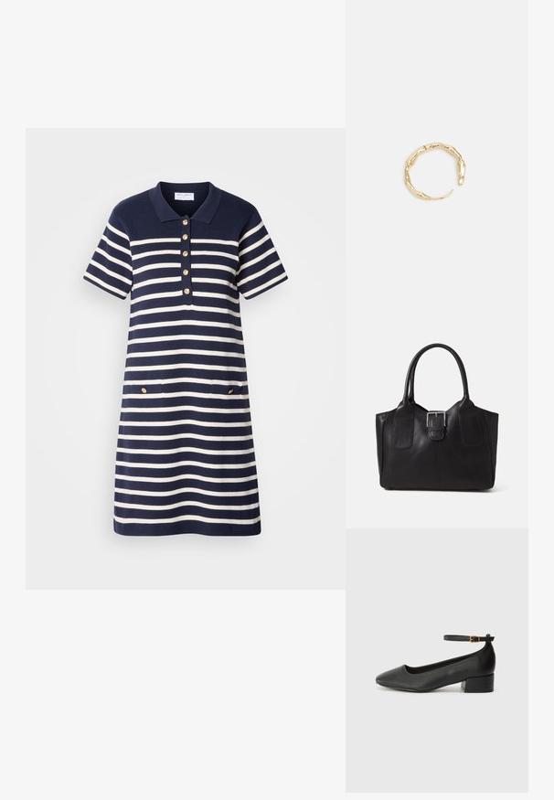 Polo haljina u mornarsko plavoj i bijeloj prugastoj boji s kratkim rukavima, porubom sa pet zlatnih dugmadi i dva prednja džepa s zlatnim detaljima.; Crne kožne pumpe s oštrim vrhom i niskom blok petom. Sadrže remen oko gležnja s zlatnim kopčanjem. Glatka tekstura.; Crna kožna torba za nošenje s glatkom teksturom, strukturiranim oblikom, dvije ručke i istaknutim srebrnim kopčanjem na prednjoj strani.; Prsten u zlatnoj nijansi s organskim, uvijenim dizajnom, glatkom teksturom i suženim krajevima, koji stvara moderan, skulpturalni izgled.