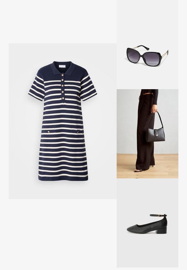 Tumesinise ja valge triibuline polo kleit lühikeste varrukatega, viis kuldset nupuvajutust, ning kaks esimist taskut kuldsete aktsentidega.; Must mustaapp, millel on terav nina ja madal blokk-kand. Omab pahkluu rihma koos kuldse tooni pandlaga. Sile tekstuur.; Mustad ümarad päikeseglaasid, millel on gradient objektiivid, paksud raamid ja kuldse tooni kettaga kaunistused tempelitel.; Must musta kott, millel on struktureeritud kuju, sile tekstuur ja metallist klamber. Kombineeritud laiate mustade pükstega ja avatud varvaste sandaalidega puidust põrandal.