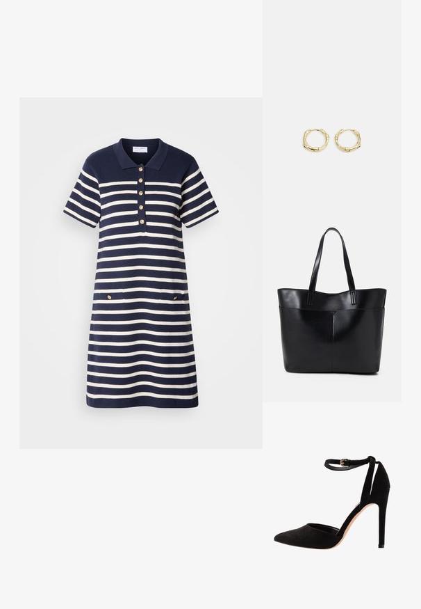 Marineblauwe en witte gestreepte polokleed met korte mouwen, een vijf-knoopsgat met gouden knopen en twee voorzakken met gouden accenten.; Zwarte suède hoge hakken met een puntige neus, enkelbandje en een stilettohak. Het ontwerp heeft een gladde textuur met minimale details.; Zwarte leren tote bag met twee lange handvatten, een zachte textuur en een gestructureerde vorm. Voorzien van een voorvak voor extra opslagruimte.; Gouden creolen met een textuur en onregelmatige vorm. Voorzien van een naadloze sluiting en een gepolijste afwerking, wat het moderne ontwerp benadrukt.