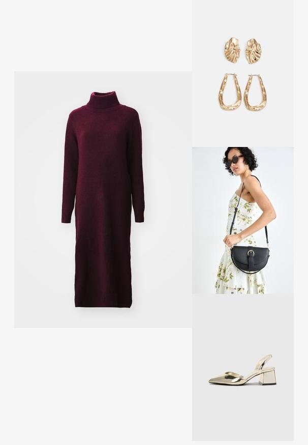 Burgunderfarga kjole med høy hals, lange ermer og ribbede kanter. Laget av myk, strukturert stoff.; Gull, metallisk slingback-hæler med spiss tå og chunky hæl. Glatt tekstur, minimalistisk design og en smal stropp.; Svart lærveske med en buet form, avtagbar stropp og gullbeslag. Vesken har et klaff med spenne-detall.; Gullfargede øredobber med teksturerte, bølgete former. Inkluderer skulpturelle klipsstuds og åpen hoop-design med en hamret finish.