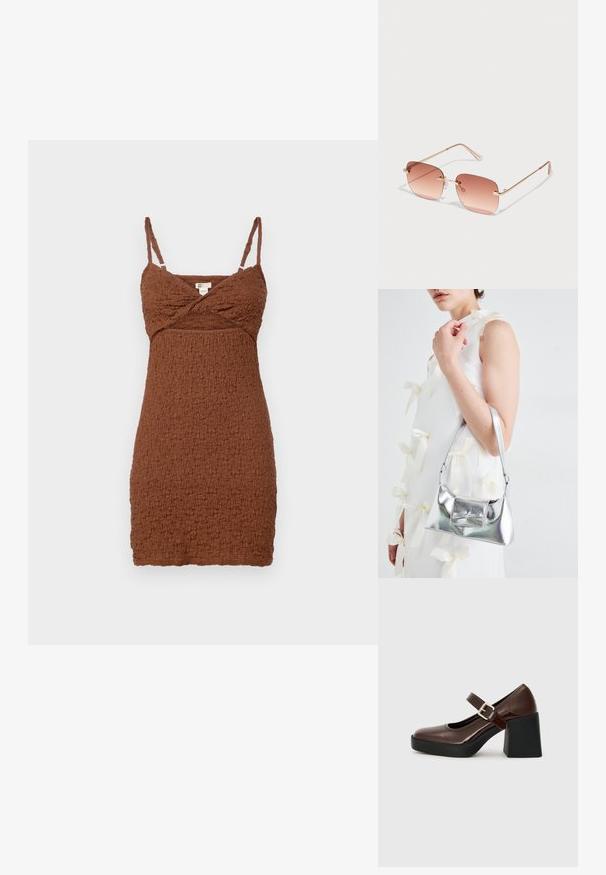 Barna, textúrált mini ruha állítható spagetti pántokkal és keresztbe húzott dekoltázzsal. Gyűrött anyagból készült, testhezálló fazonnal.; Barna lakkbőr Mary Jane cipők, blokksarkúval, csatpánttal és lekerekített orral, egy textúrált fekete talpon.; Téglalap alakú napszemüveg, fokozatos rózsaszín lencsékkel, arany fém kerettel és rózsaszín szárakkal. Kis orrpárnákkal és diszkrét zsanér részletekkel rendelkezik.; Ezüst fémes kézitáska, struktúrált formával, felső fogantyúval és masnis részlettel az elején. Simaságával és fényes felületével tűnik ki.