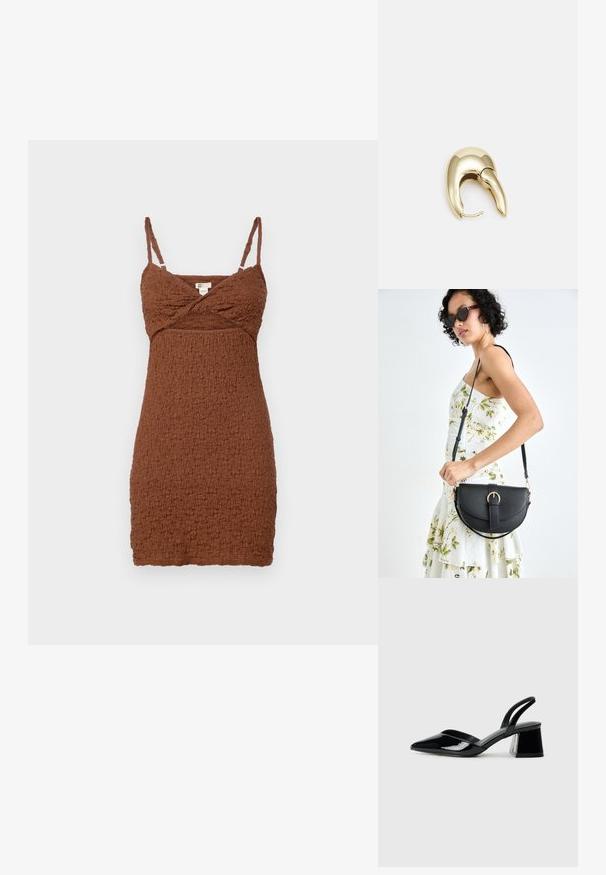 Robe mini marron texturée avec bretelles spaghetti ajustables et un buste croisé. Fabriquée en matériau froissé, elle présente une silhouette ajustée.; Escarpins en cuir verni noir avec bout pointu et talon bloc géométrique. Présente un design élégant et minimaliste ainsi qu'une texture lisse.; Sac à main en cuir noir avec une forme courbée, bandoulière amovible et des accessoires en or. Le sac est doté d'un rabat avec un détail de boucle.; Boucle d'oreille en métal doré avec un design élégant et courbé. Présente une forme conique distinctive, une surface polie et une fermeture à charnière.