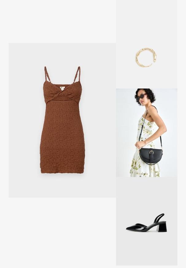 Vaatteetrusluisuinen, teksturoitu mini-mekko, jossa on säädettävät spagettiolkaimet ja ristikkäinen vartalo. Valmistettu ryppyisestä materiaalista, joka omaa istuvan siluetin.; Mustat patentoitu nahkakengät, joissa on säären takaosa ja terävä kärki, sekä geometrinen palikkakorko. Sisältää tyylikkään, minimalistisen muotoilun ja sileän pinnan.; Musta nahkainen käsilaukku, joka on kaareva muotoilultaan, irrotettavalla hihnalla ja kultaisilla yksityiskohdilla. Laukussa on läppä, jossa on solk yksityiskohta.; Kultaketju, jossa on orgaaninen, kierretty muotoilu, sileä pinta ja cappatut päät, luoden modernin, veistoksellisen ilmeen.