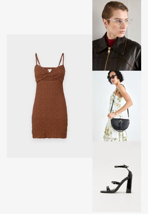 Barna, textúrált mini ruha állítható spagetti pántokkal és keresztbe húzott dekoltázzsal. Gyűrött anyagból készült, testhezálló fazonnal.; Fekete lakk magas sarkú szandál négyzet alakú orral, bokapántokkal és ezüst csatokat tartalmaz. Masszív blokk sarka a stabilitásért felel.; Átlátszó acetát cica szemüveg sárga árnyalatú lencsékkel, sötét bőrkabátot és vörös garbót viselő személyen. Sima felület.; Fekete bőrtáska ívelt formával, levehető pánttal és arany színű fémrészekkel. A táskán egy csattal díszített fedél található.