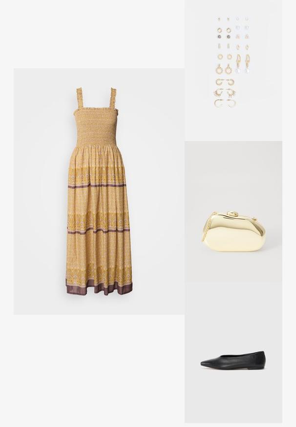 Rochie maxi galbenă, cu imprimeu floral, cu bust smockat, bretele volanate și bandă maro contrastantă la tiv. Țesătură ușoară, fluidă.; Balerini din piele neagră, vârf ascuțit, design minimalist, textură netedă, toc de mică înălțime, fără hardware sau embellishments vizibile.; Clutch metalizat de culoare aurie, cu o formă netedă și rotundă, având un închizător tip buton în partea de sus și o curea mică pentru purtare.; Set de cercei aurii, cu diverse designuri, inclusiv cercei tip stud, cercei hoop și cercei lungi cu perle și strassuri.