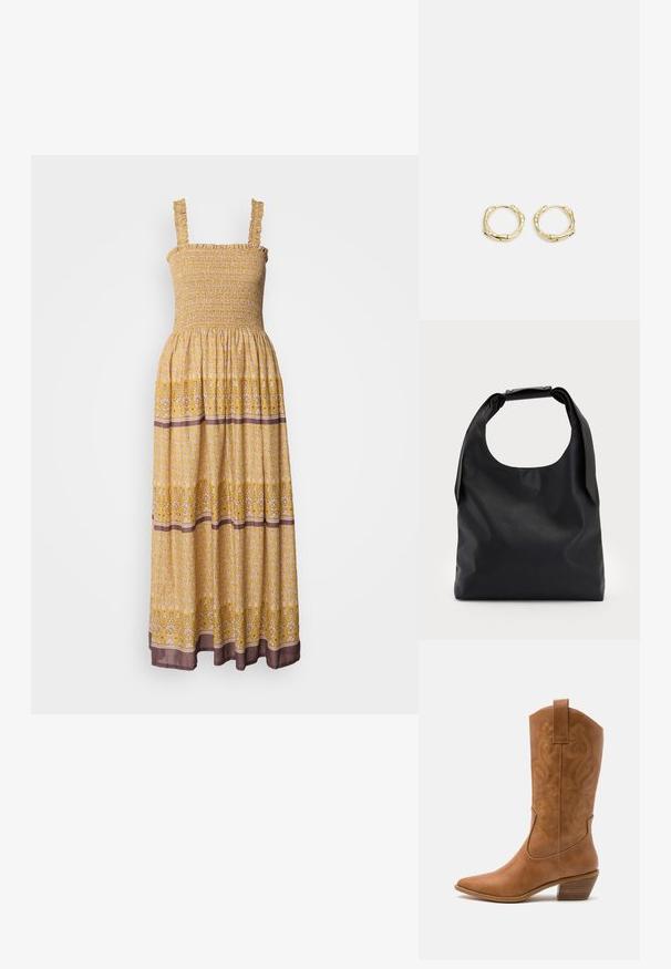 Vestido maxi amarelo com estampado floral, corpete com franzido, alças com babados e faixa castanha contrastante na bainha. Tecido leve e fluido.; Bota de cowboy em couro cáqui com bico pontiagudo, padrões de bordado em espiral no cano e um salto em bloco empilhado. Inclui uma alça para fácil calçar.; Saco hobo de couro preto com uma única alça suave e arredondada; apresenta uma textura suave e um design minimalista. Sem hardware ou acabamentos visíveis.; Brincos de argola dourados com um formato irregular e texturizado. Apresentam um fecho sem emenda e um acabamento polido, destacando um design moderno.