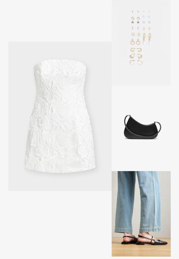 White strapless dress featuring layered floral embroidery, textured fabric, fitted shape, and a smooth, slightly glossy finish.; Black leather slingback shoes with a pointed toe, flat heel, and ankle strap; worn with light blue wide-leg jeans.; Black leather shoulder bag with a curved design, featuring a textured strap and gold-tone hardware at the top closure. Smooth finish.; Set of gold-tone earrings featuring various designs, including studs, hoops, and dangling pieces with pearls and rhinestones.