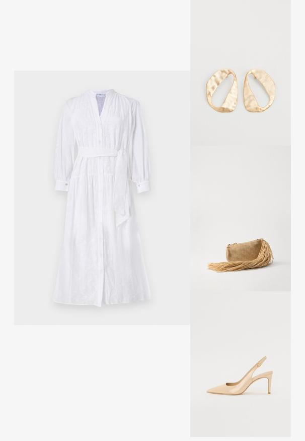 Marella SETOLA - Rochie de zi - bianco ottico; Pantofii cu toc slingback din piele patent nud, cu vârf ascuțit, vamp deschis și toc subțire stilettos. Prezintă un accent circular auriu pe curea.; Cult Gaia VIERA - Geantă plic - natural; O pereche de cercei din metal de culoare aurie, cu formă ovală neregulată, având o suprafață texturată, ușor ciocănită, pe un fundal alb.
