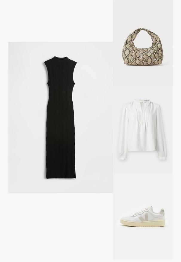 Fekete bordázott testhez simuló ruha magas nyakkal, ujjatlan kivitelben és hosszú szabással, egészében texturált anyagból.; Fehér, hosszú ujjú blúz fodros nyakkivágással, pliszírozott elülső részlettel és rugalmas mandzsettákkal. Puha anyag, enyhén texturált felülettel.; Fehér bőr sneaker bézs velúr részletekkel, perforált orr résszel, lapos fűzőkkel és textúrált krémszínű talppal. Finom márkajelzés található a sarkán.; Kígyómintás kézitáska ívelt fogantyúval. Texturált, bézs és barna anyagból készült, jellegzetes gyémántmintával.