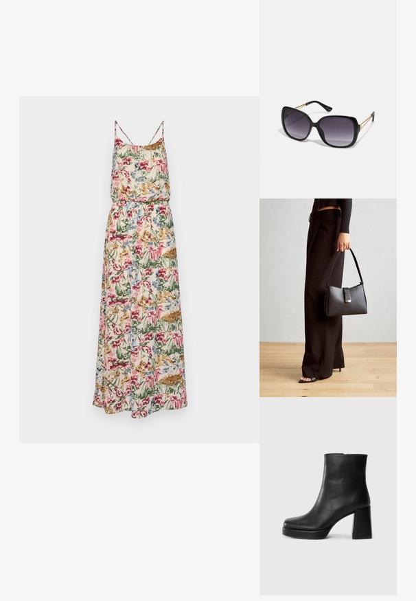 Ziedu maxi kleita ar spageti siksnām; ar savilktu jostasvietu, spilgtām rozā, zila, zaļa un bežā krāsām uz viegla auduma.; Melna ādas potīšu zābaku ar bloku papēdi un platformas zoli, skatīts no sāna uz vienkārša balta fona.; Melni pārmērīgi lieli saulesbrilles ar gradāciju lēcām, biezām rāmja malām un zeltainas krāsas ķēžu detaļām uz tempļiem.; Melnā somiņa ar strukturētu formu, gludu tekstūru un metālu sprādzi. Saskaņota ar platām melnām biksēm un sandālēm ar atvērtu purngalu uz koka grīdas.
