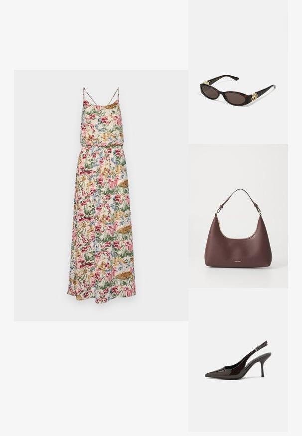 Blumiges Maxikleid mit Spaghetti-Trägern; verfügt über eine geraffte Taille und lebhafte Muster in pink, blau, grün und beige auf leichtem Stoff.; Slingback-Pumps aus glänzendem dunklen braunen Lackleder, mit spitzer Zehenpartie, offenen Seiten und verstellbarem Knöchelriemen.; Schildpatt-Sonnenbrille mit länglich-ovalen Gläsern, braunem Farbton, goldenen Logo-Akzenten an den Bügeln und schlanken schwarzen Bügeln.; Bordeauxfarbene Handtasche mit einer geschwungenen Silhouette und einem kurzen Trageriemen, ausgestattet mit einem goldenen Reißverschluss und einem dezenten Calvin Klein-Logo auf der Vorderseite.