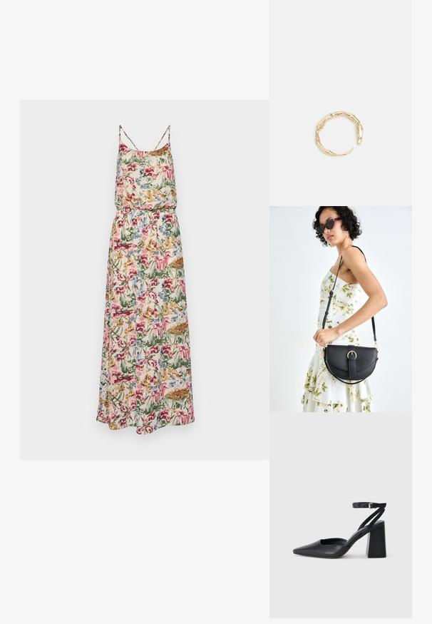 Abito maxi floreale con spalline sottili; presenta una vita arricciata, vivaci motivi in rosa, blu, verde e beige su un tessuto leggero.; Pump in pelle nera con punta affusolata, cinturino alla caviglia e tacco spesso. Texture piatta, design elegante ed estetica minimalista.; Borsa a tracolla nera in pelle con una forma curva, manico rimovibile e accessori dorati. La borsa presenta una patta con un dettaglio a fibbia.; Anello in tono oro con un design organico e Twisted, caratterizzato da una superficie liscia e punte affusolate, che crea un aspetto moderno e scultoreo.