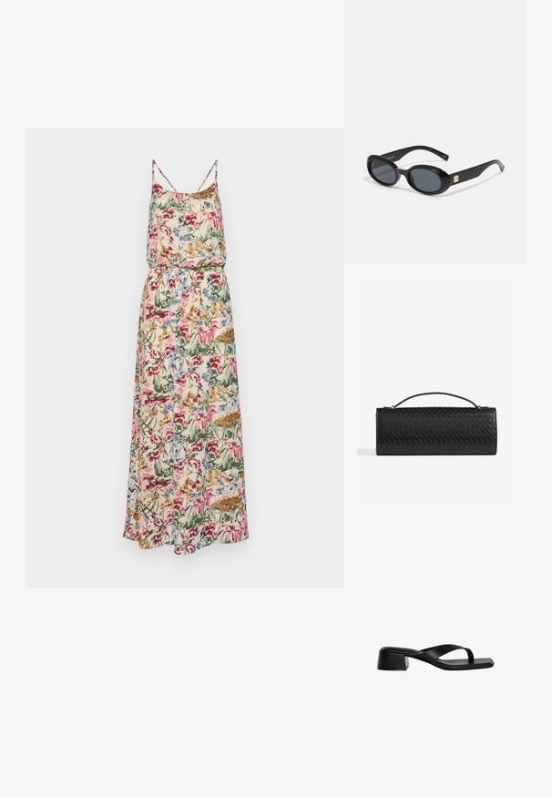 Kwiatowa maksiodzian z ramiączkami spaghetti; posiada elastyczny pas oraz żywe wzory różowego, niebieskiego, zielonego i beżowego na lekkiej tkaninie.; Czarne skórzane sandały na obcasie posiadają projekt z paskiem między palcami, kwadratowy czubek oraz niski blokowy obcas. Gładka struktura w minimalistycznym stylu.; Czarne owalne okulary przeciwsłoneczne z ciemnymi soczewkami, błyszcząca plastikowa oprawka, szerokie zauszniki i mały złoty akcent z jednej strony.; Czarna pleciona skórzana kopertówka o prostokątnym kształcie, z cienkim uchwytem i subtelnymi złotymi akcentami.; Czarny naszyjnik na sznurku z teksturowanymi szarymi i białymi koralikami, z dużym czarnym frędzlem na końcu. Regulowana długość.