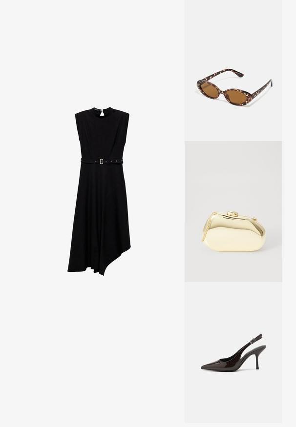 Čierne bezrukávové šaty s vysokým výstrihom, opásaným pásom, asymetrickým lemom a hladkým materiálom; na zadnej strane majú malý kľúčový otvor.; Slingback vysoké opätky v lesklej tmavohnedej lakovej koži, so špicatou špičkou, otvorenými stranami a nastaviteľným remienkom na členku.; Tortoise-shell slnečníky s oválnymi sklami, hnedo tónovanými, tenkými stranami so vzorom, ľahký plastový rám.; Kovová zlatá kabelka s hladkým, zaobleným tvarom, ktorá má horné zapínanie na gombík a malý reťazový popruh na nosenie.