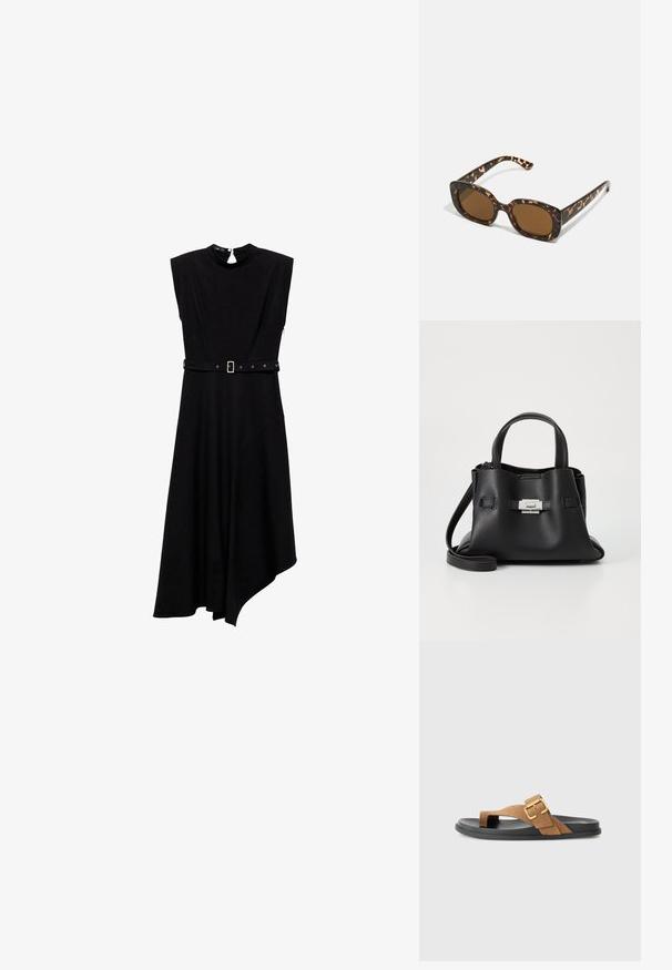 Černé bezrukávové šaty s vysokým výstřihem, páskem v oblasti pasu, asymetrickým lemem a hladkým materiálem; na zadní straně mají malý klíčový otvor.; Hnědé semišové sandály se zlatou sponou, s plochou černou gumovou podešví a designem ve stylu žabek. Hladký povrch, minimalistický styl.; Sluneční brýle ve skořápce želvy s kulatým, širokým rámem a hnědými čočkami. Mají jemné vzory a rovné, zúžené stranice.; Černá kožená kabelka s texturovaným povrchem, vybavená dvěma horními uchy, odnímatelným ramenním popruhem a stříbrným detailem s uzávěrem.