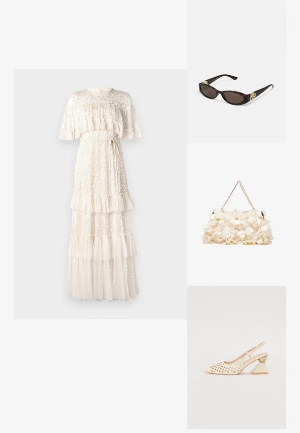 Kremowa maksidługa sukienka z przezroczystej tkaniny, z warstwami falbanek, kwiatowymi ozdobami oraz wiązaniem w talii, z wysokim dekoltem i krótkimi rękawami.; Beżowe buty typu slingback z perforowaną cholewką, spiczastym noskiem i kontrastowym trójkątnym obcasem z złotym akcentem. Całość ma gładką fakturę.; Słoneczne okulary w kolorze żółwi z wydłużonymi owalnymi soczewkami, brązowym odcieniem, złotymi akcentami logo na zausznikach oraz smukłymi czarnymi ramionami.; Biała torebka kwiatowa z marszczoną powierzchnią z tkaniny, złotą łańcuszkową rączką i metalowym zapięciem. Posiada teksturowane płatki jako dodatkowy detal.